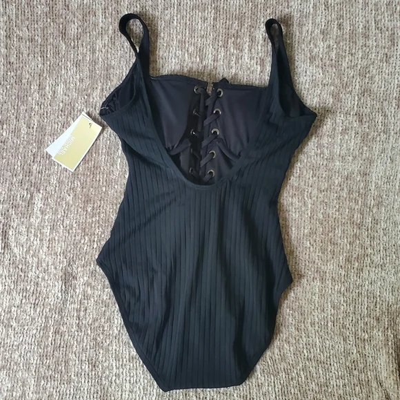 Michael Kors Lace-Up Textured One-Piece Swimsuit in Black - Picture 3 of 7